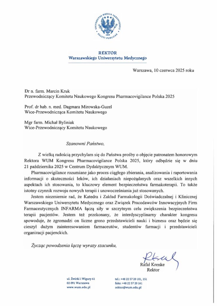 Pismo Prof. Rafała Krenke Rektora Warszawskiego Uniwersytetu Medycznego.